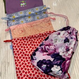Kids Drawstring Accessory Bag Set - Floral & Heart Prints, Pink & Purple
